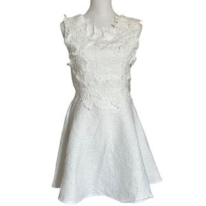 Floral Applique Dress S White Textured Jacquard Brocade Sleeveless A-Line
